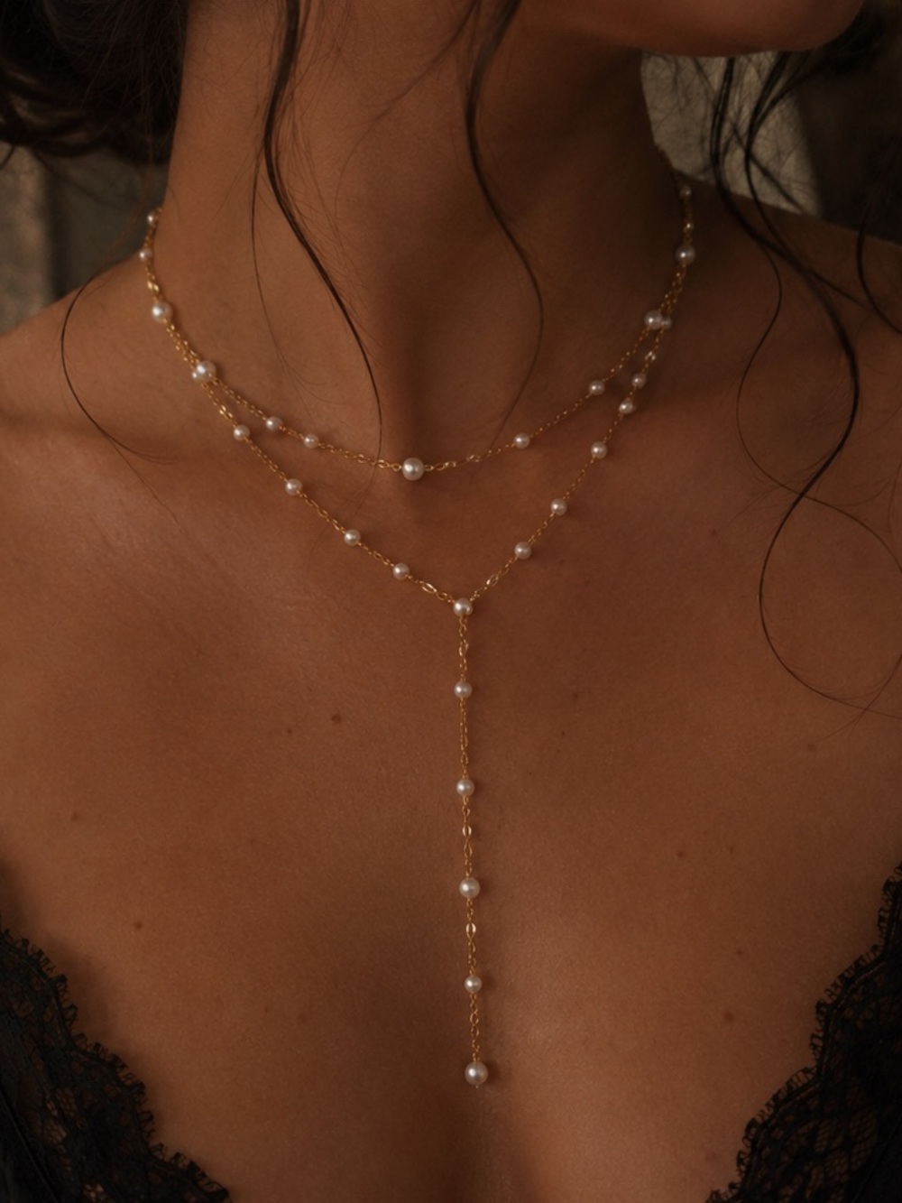 Layered Freshwater Pearl Lariat Necklace Gold Filled Romantic Gothic Jewelry